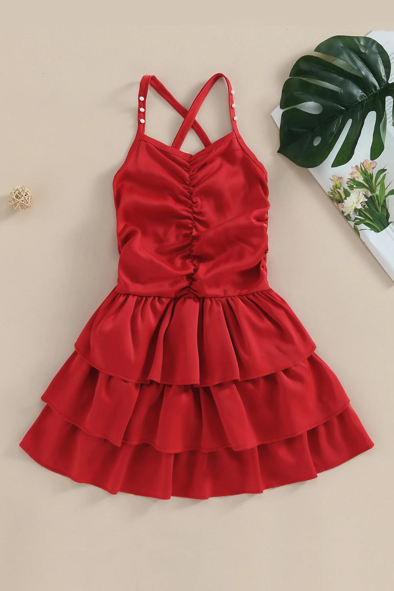 Summer Kids Girls Dress Spaghetti Straps Pleated Dress Party Red Clothes