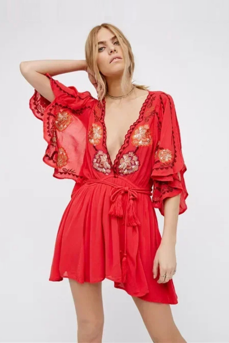 Summer Embroidery Flower Dress Romantic Short Split Dress Boho Holiday Mini Dress A-line