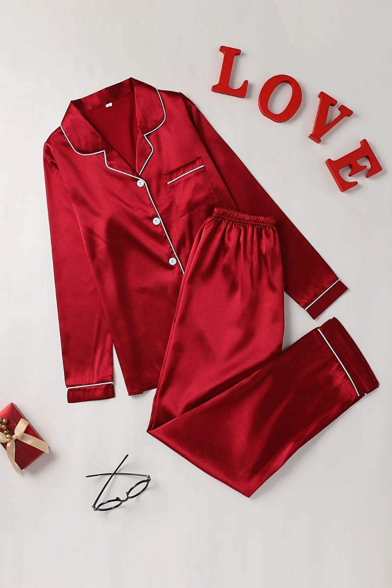 Solid Pajama Set Up Lapel Top & Pants Set Women's Sleepwear & Loungewear