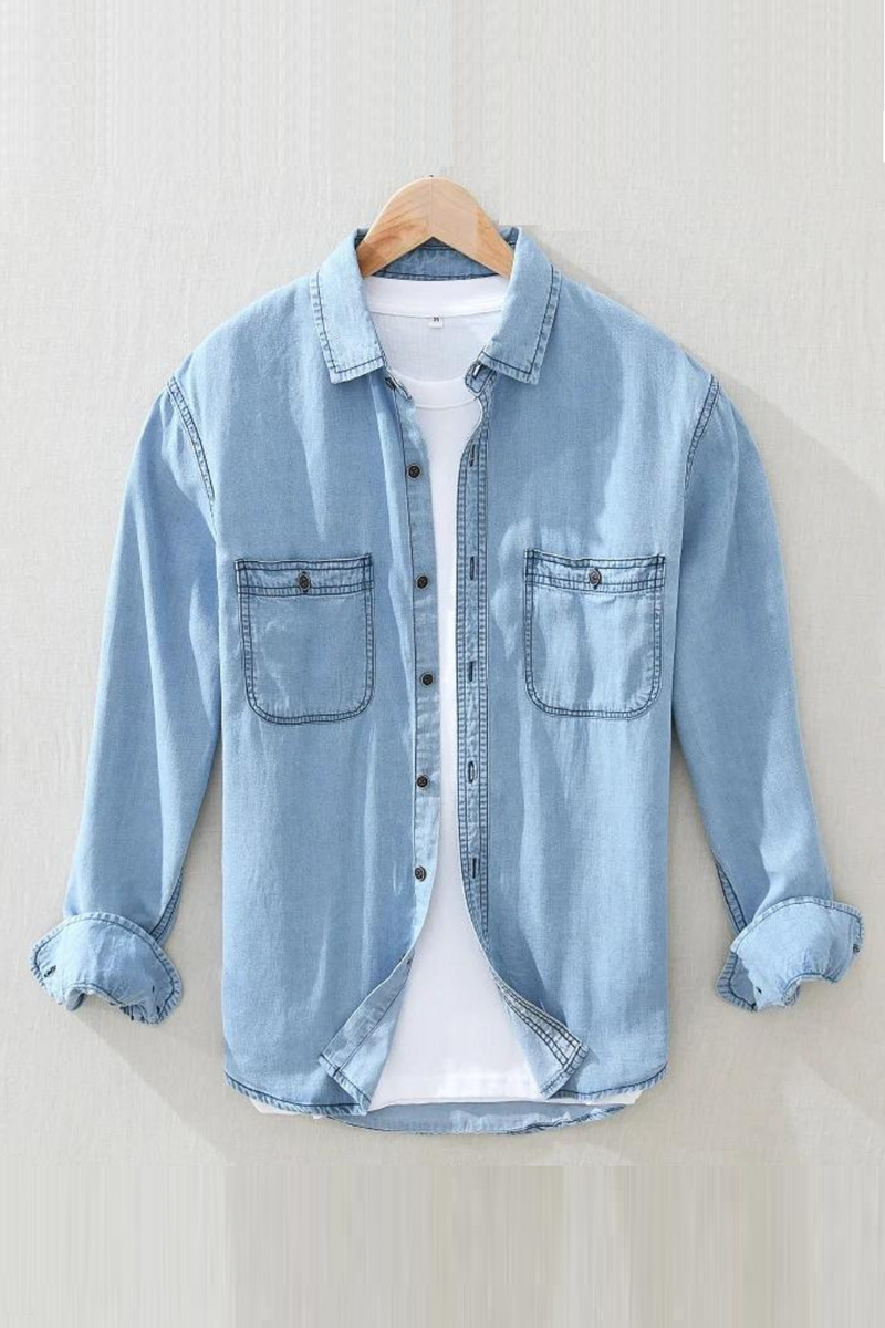 Men's Cotton Linen Shirt Long Sleeve Classic Denim Blouse Simple Male Casual Tops Shirts Coats