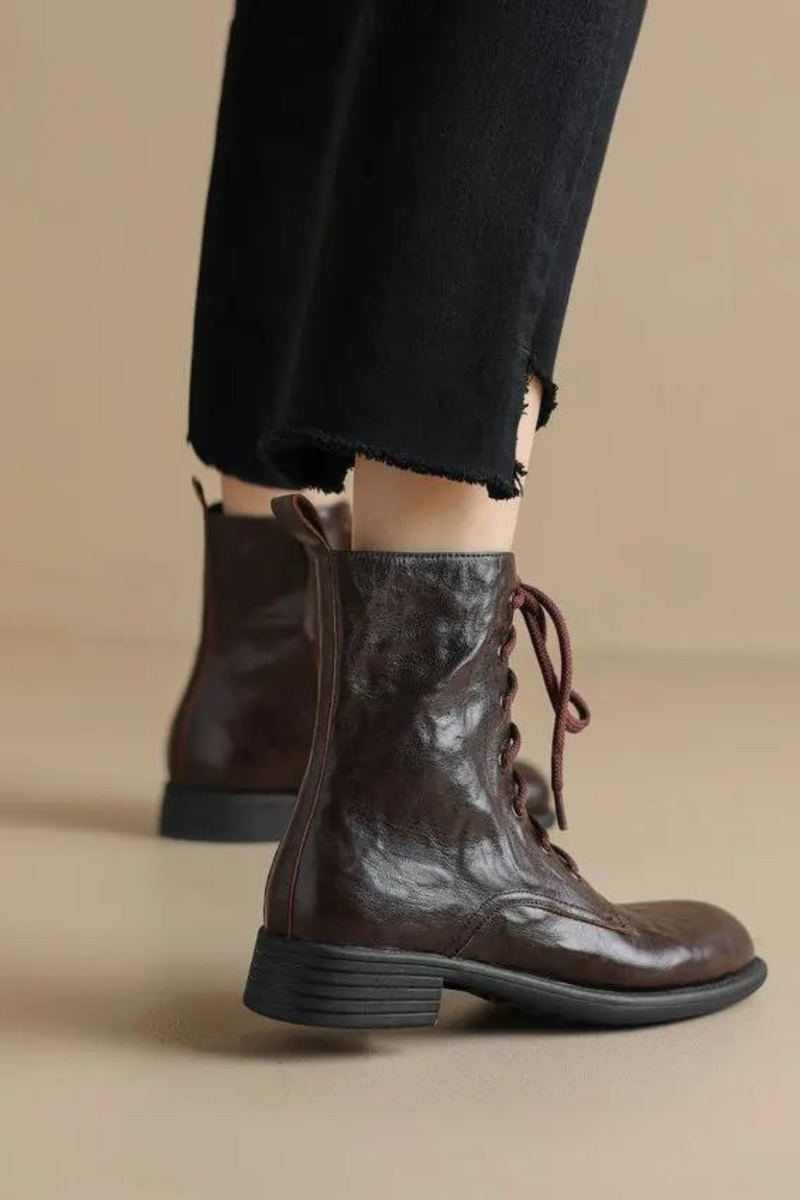 Retro Cross-Tied Women Ankle Boots Thick Low Heels Genuine Leather Zipper Shoes Woman Autumn Winter