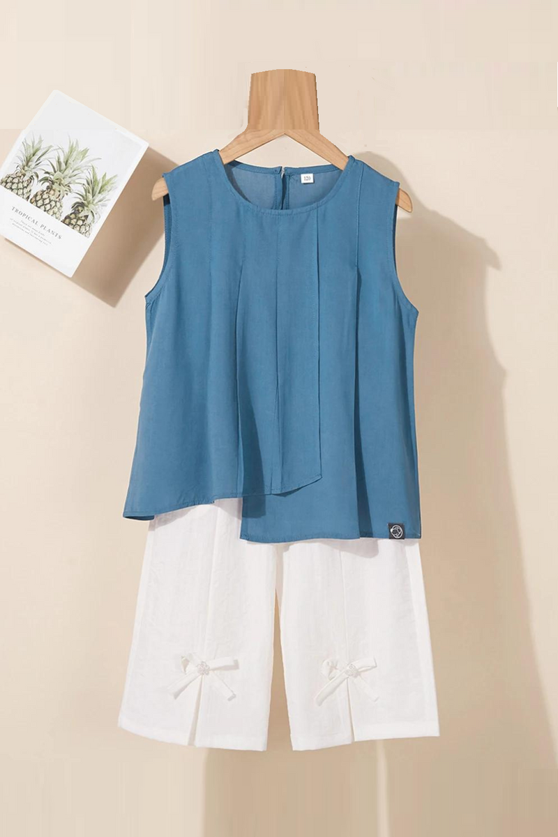 Sleeveless Blue Top with White Bow-Detail Shorts for Girls