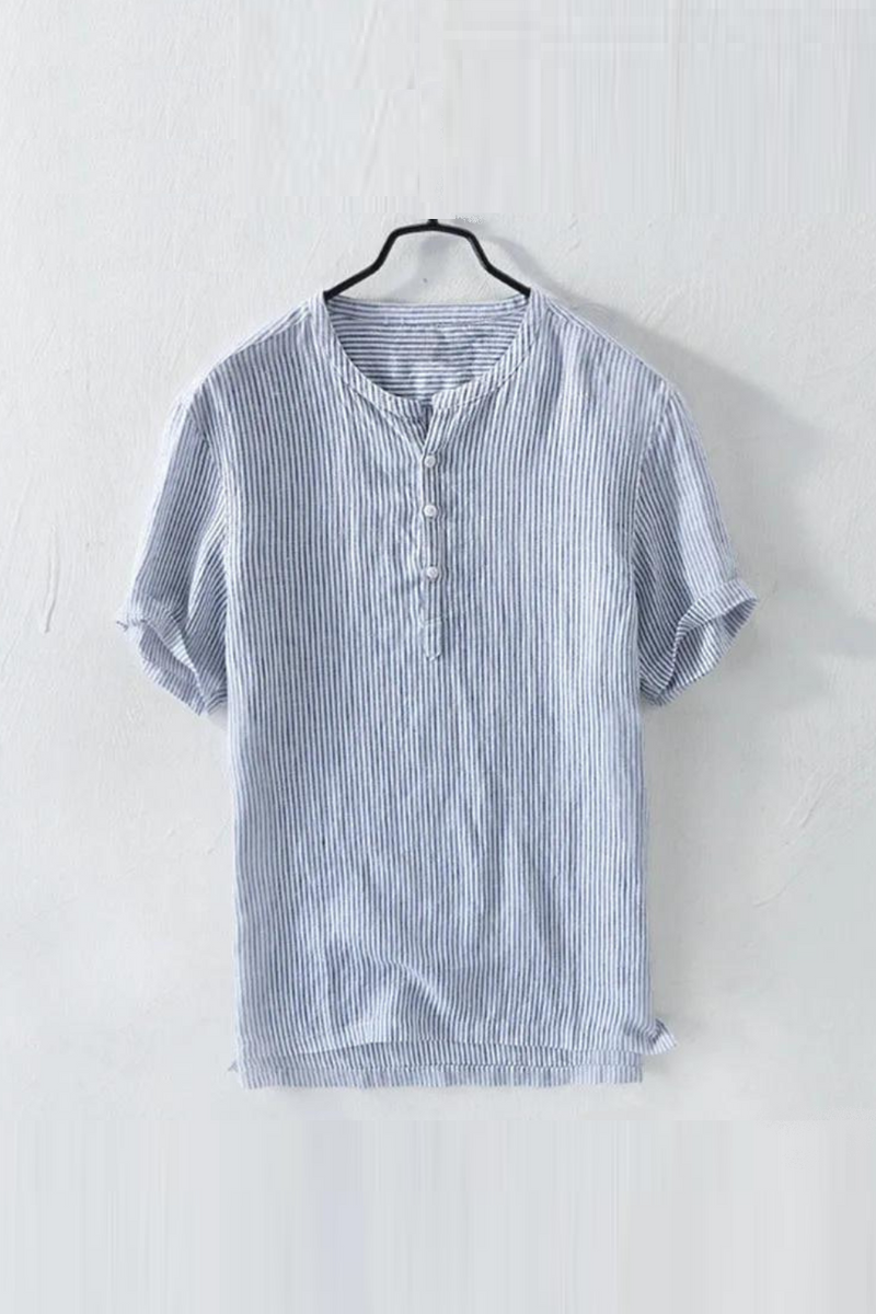 Linen Shirts Short Sleeve Tops Striped Breathable Causal Male Social Dress Shirts