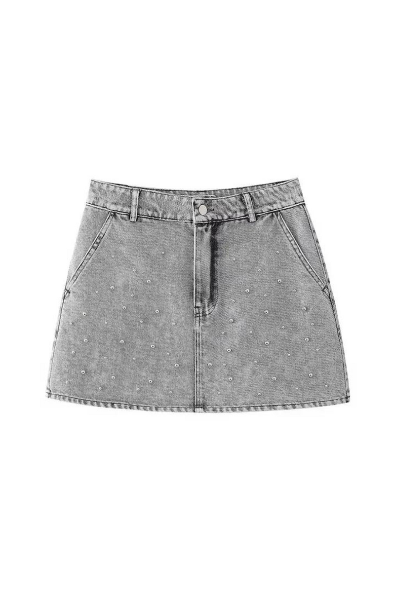 Summer Women's Chic Faux Pearl Embellished Sexy Denim Mini Skirt