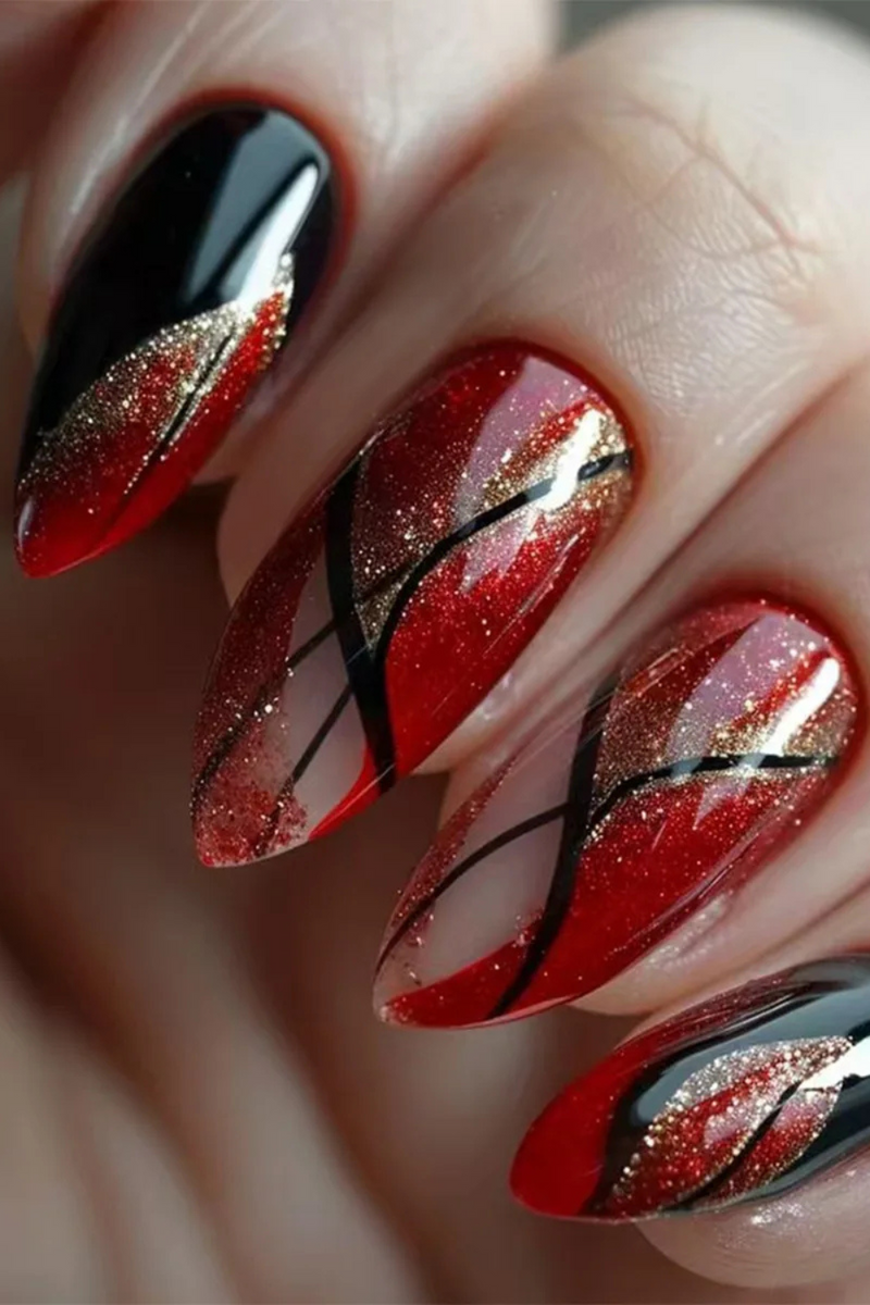 Stripes French Nail with Glue Almond Glitter Red Press on Nail Wearable Full Cover Manicure Nail Tip