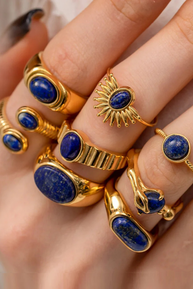 Fashion Natural Stone Rings For Women Luxury Retro Design Lapis Lazuli Ladies Stainless Steel Jewelry Gifts Anillos Mujer 2023