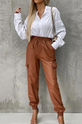 Women Autumn and Winter Pocket Leather Pants Straight-Leg Pants Ankle-Tied Elastic Waist