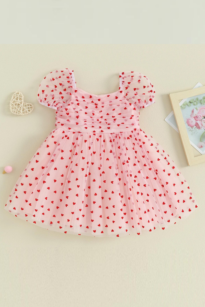 Summer Valentine’s Day Kids Baby Girls Dress Short Puff Sleeve Heart Tulle Dress Cute Princess Dress