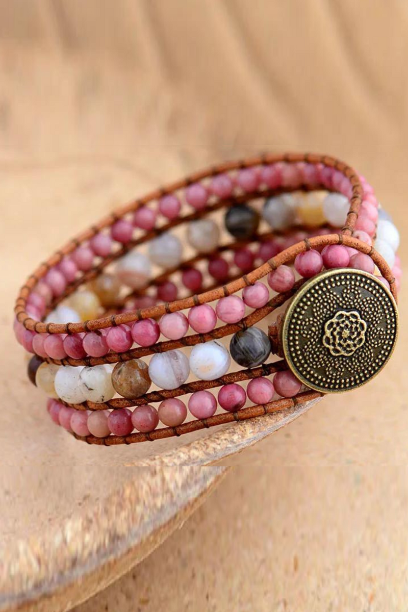 Handmade Cuff Bracelet Unique Leather Wrap Bracelets Handmade Bohemian Woven Stone Bracelet Women Jewelry