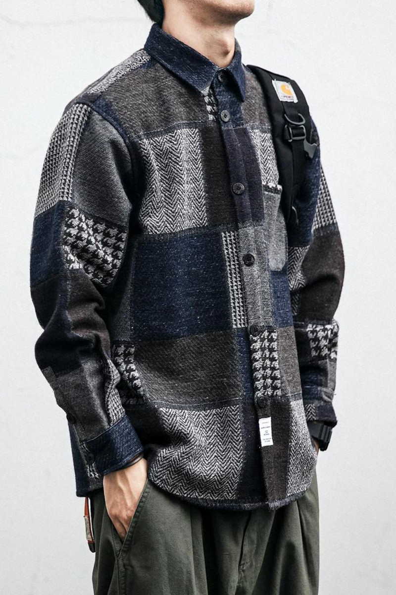 Autumn Winter Streetwear Retro Stitching Plaid Shirt Thick Casual Woollen Coat Men Clothes