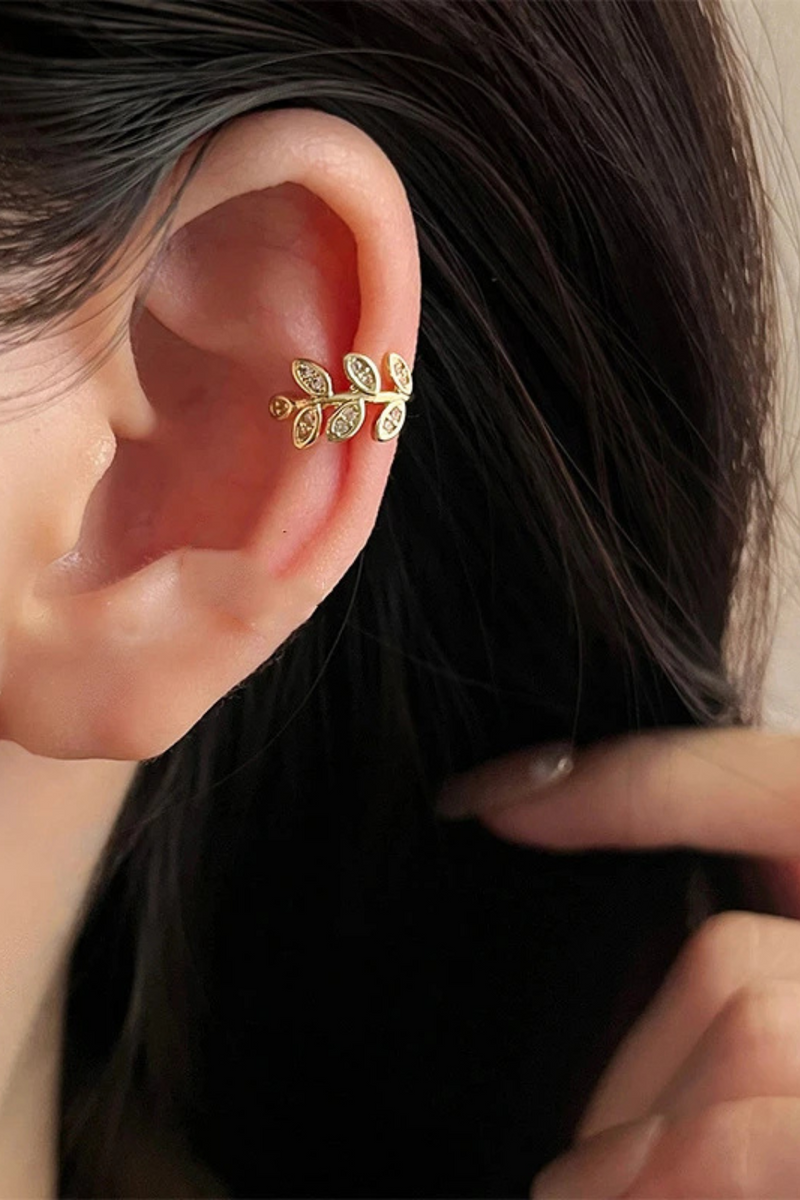 Women's Ear Crystal Leaf Gold Color Metal Ear Cuff for Girls Tiny Ear Jewelry