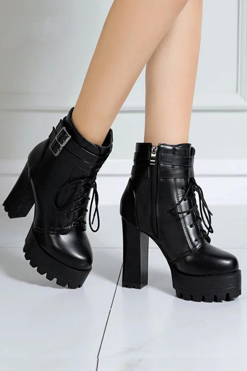 Lacing High Heel Boots Women Thick With Belt Buckle Ankle Boots Square Heels Bare Foot Shoes White