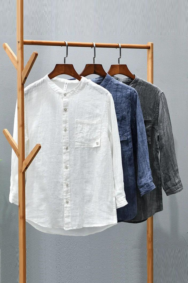 Linen Casual Worn Seven Sleeve Shirt Men Style Stand Collar Solid Comfortable Tops Shirt Male Clothes