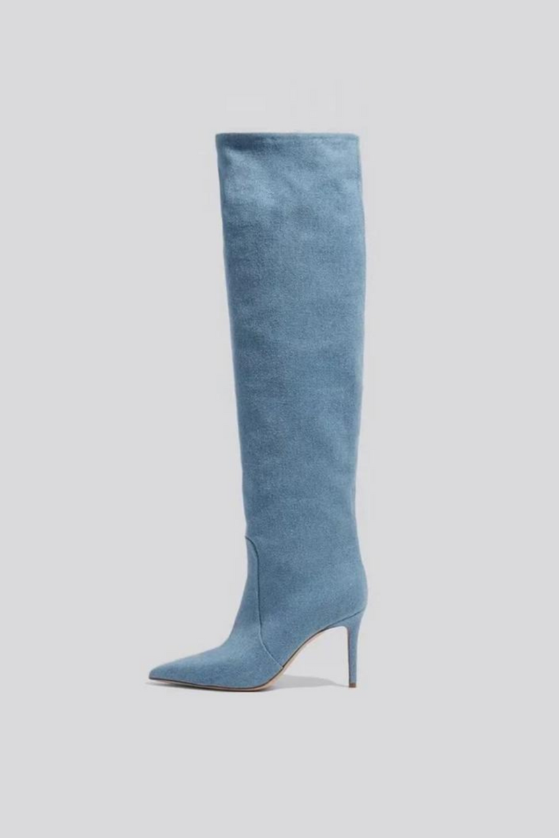 Denim Women Knee-High Boots Autumn Winter Pointed Toe Thin High Heels