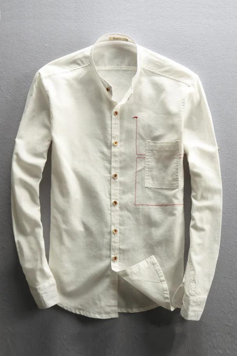 Men's Linen Shirts Slim Mandarin Collar Shirts Male Breathable Clothing Tops