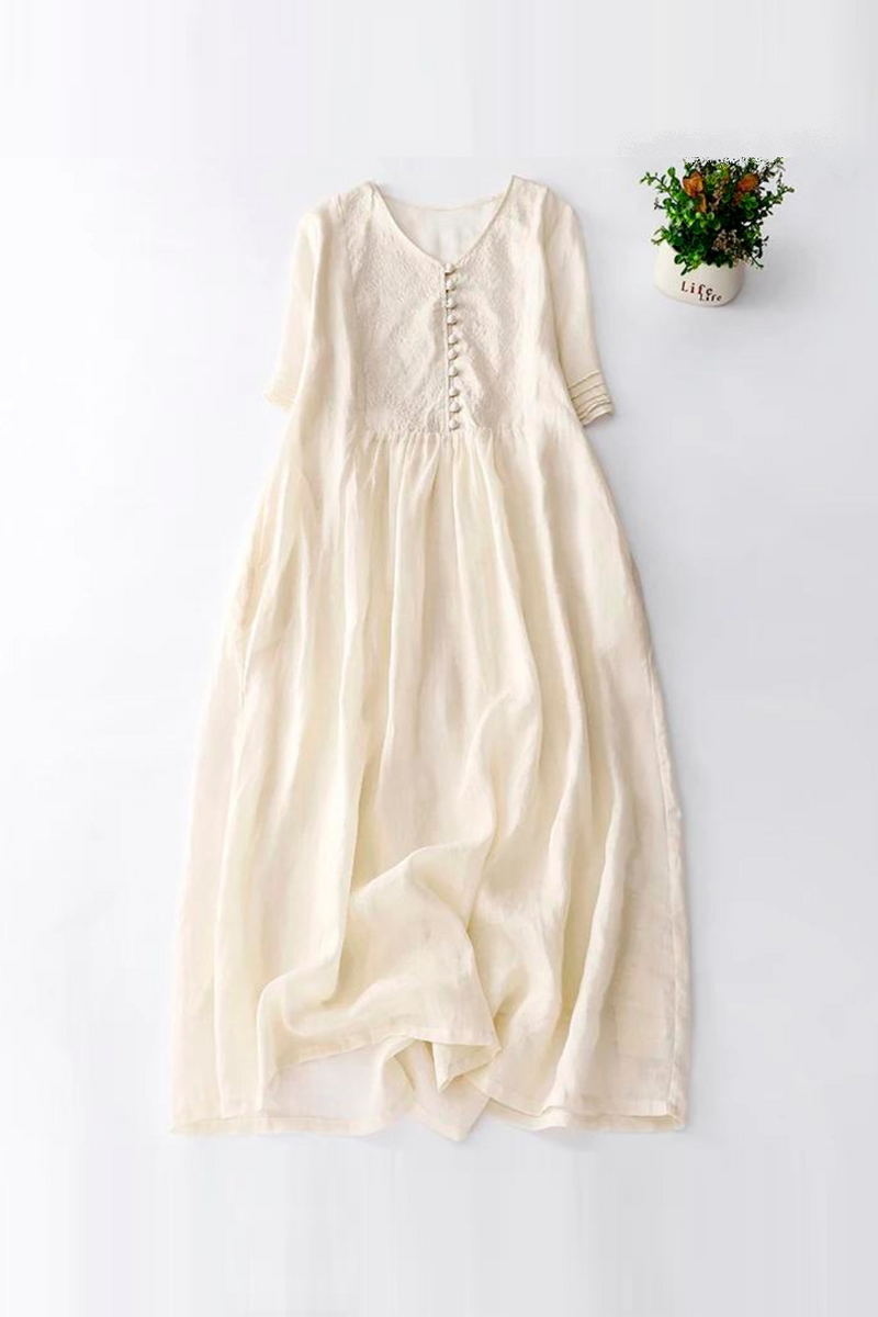 Limiguyue Summer High Quality Embroidery Cotton Linen Dress V-Neck Apricot Literary A-Line Large Size Long Dresses Soft U790