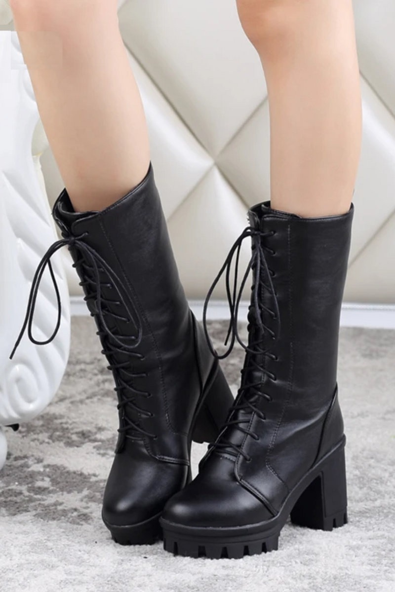 Spring Autumn Lacing Mid Calf Boots Women Square Heels Woman Motorcycle Boot