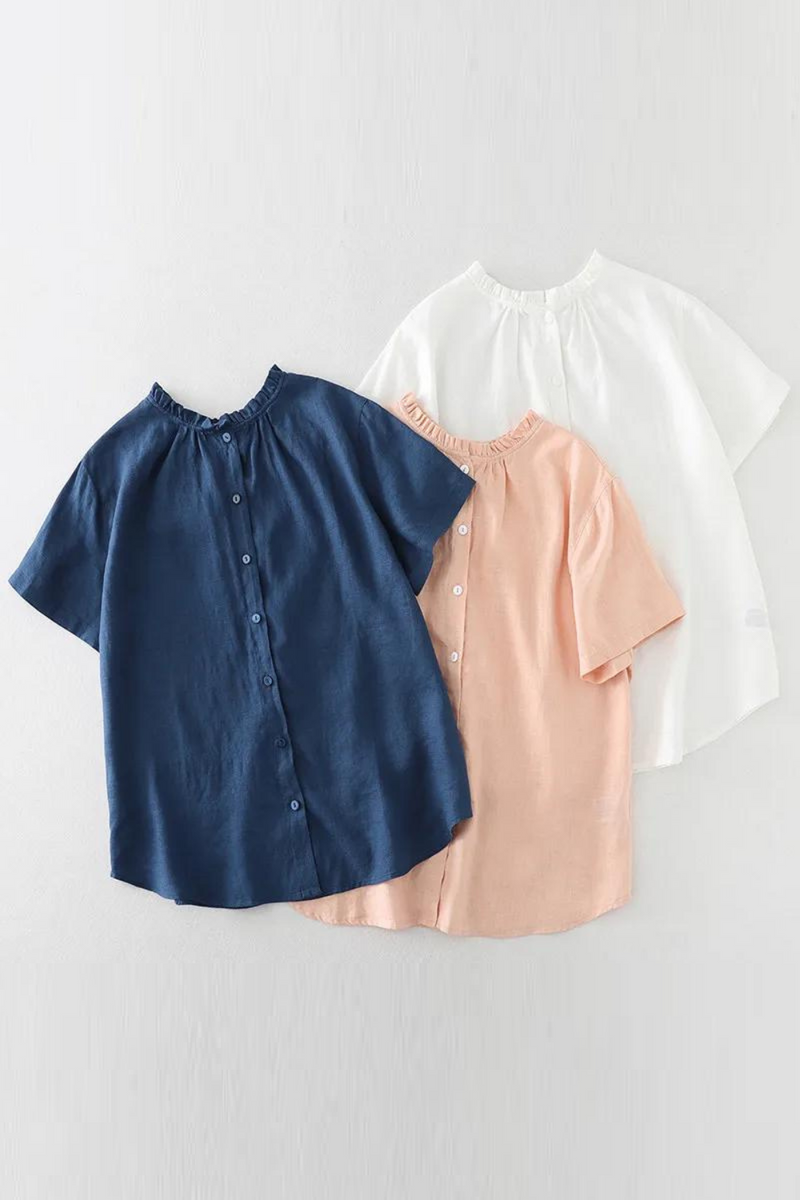 Ruffles Cotton Linen Blouses Women Basic Tops Ruffles Collar Short Sleeve Shirts Breathable Blouses