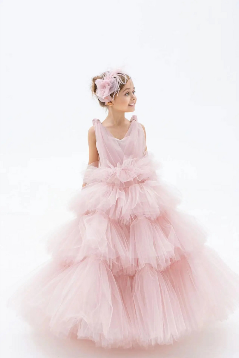 Light Pink Tiered Flower Girl Dress For Wedding Sleeveless Puffy Elegant Kids Birthday Party