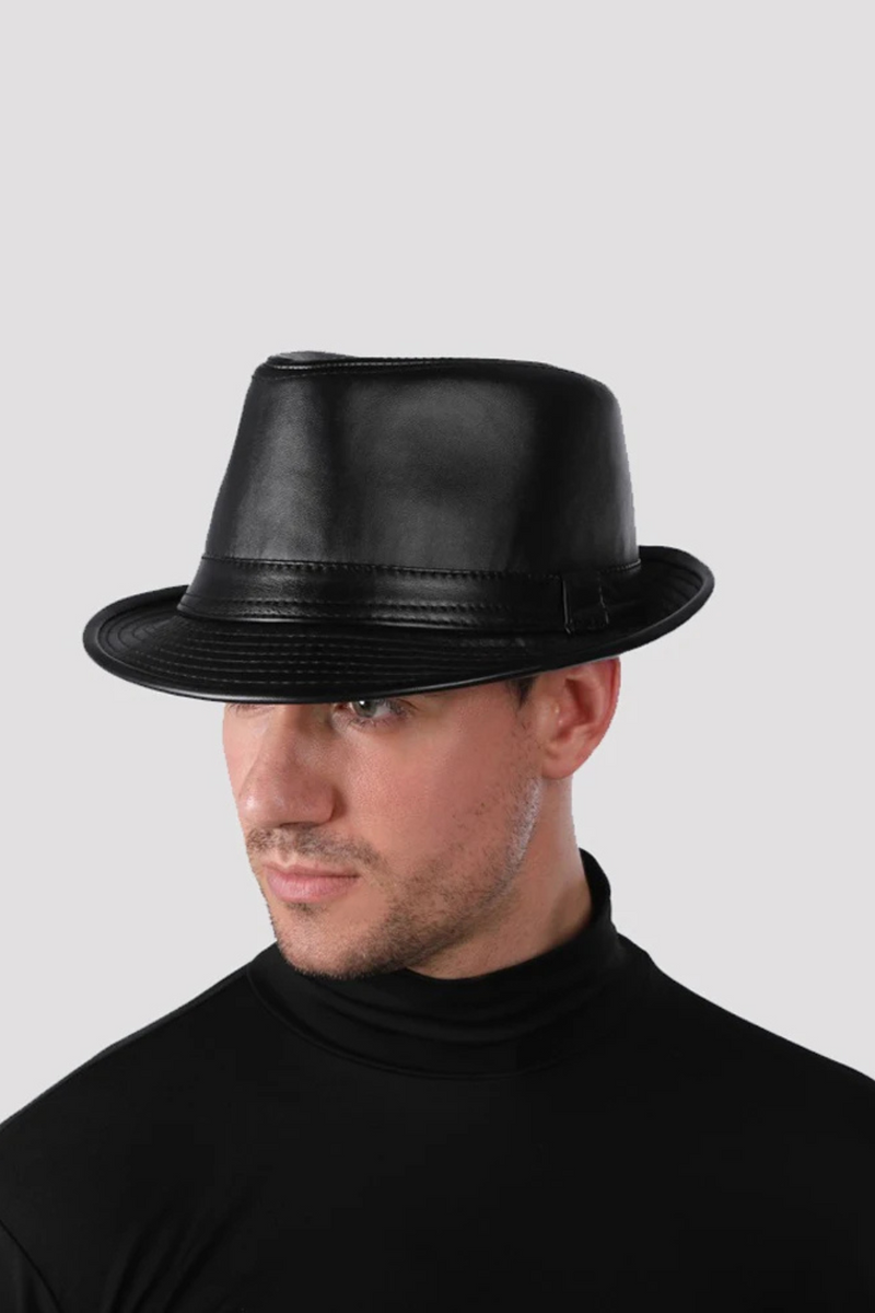 Man Genuine Leather Jazz Fedora Gentleman  Brim Fitted Top Hat