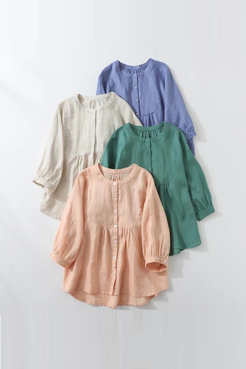 Linen Blouse Literary Vintage Loose Solid Breathable Women Tops Patchwork Lantern Sleeve Casual