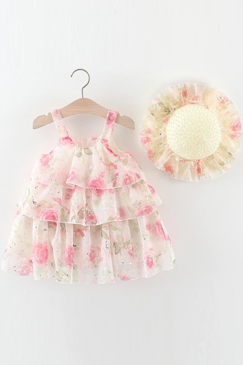 Summer Toddler Girl Clothes Flowers Mesh Baby Dresses Sunhat Princess Birthday Dress Set