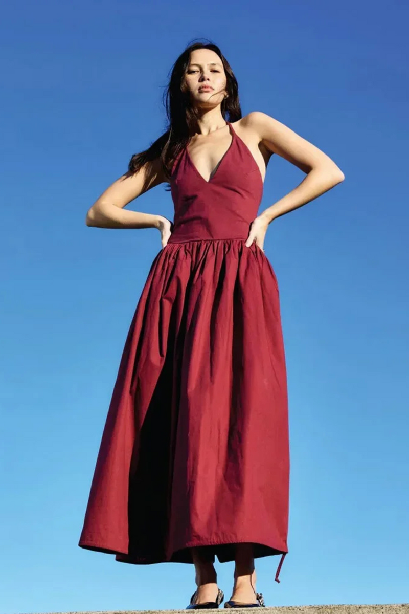 Drawstring Summer Dress Women Casual Backless Halter Burgundy A-line Midi Dress