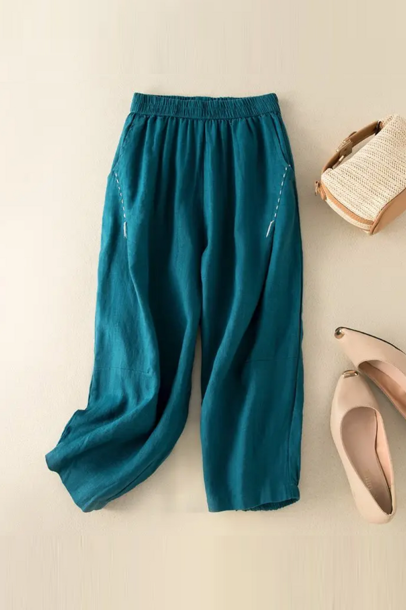 Linen Elastic High Waist Women Pants Bright Line Harem Pants for Women