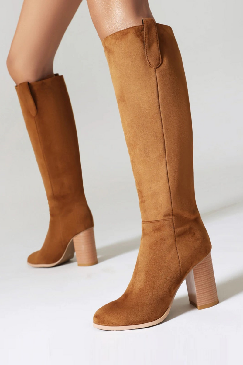 Women Knee Boots With Wood Grain Thick Heels Slip-On Boots