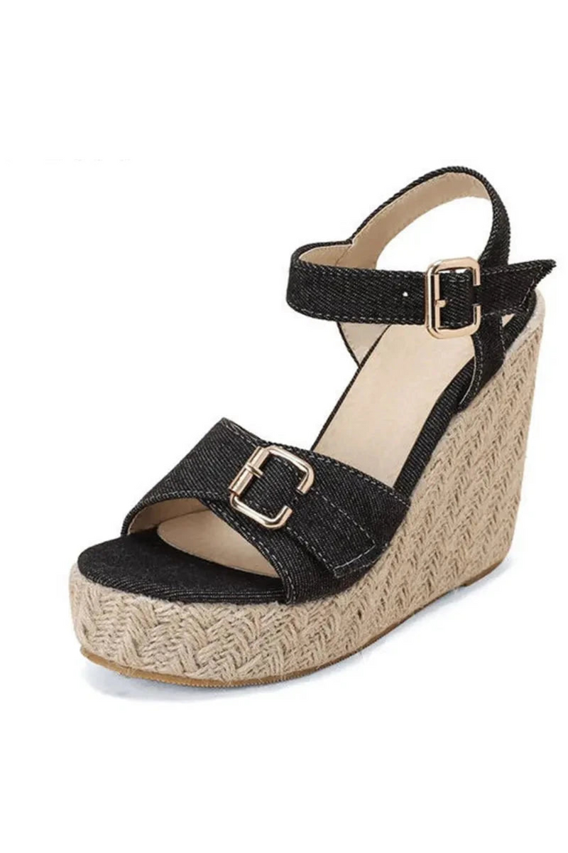 Sandals Peep Toe Jute Wedges Denim Buckle Straps Summer