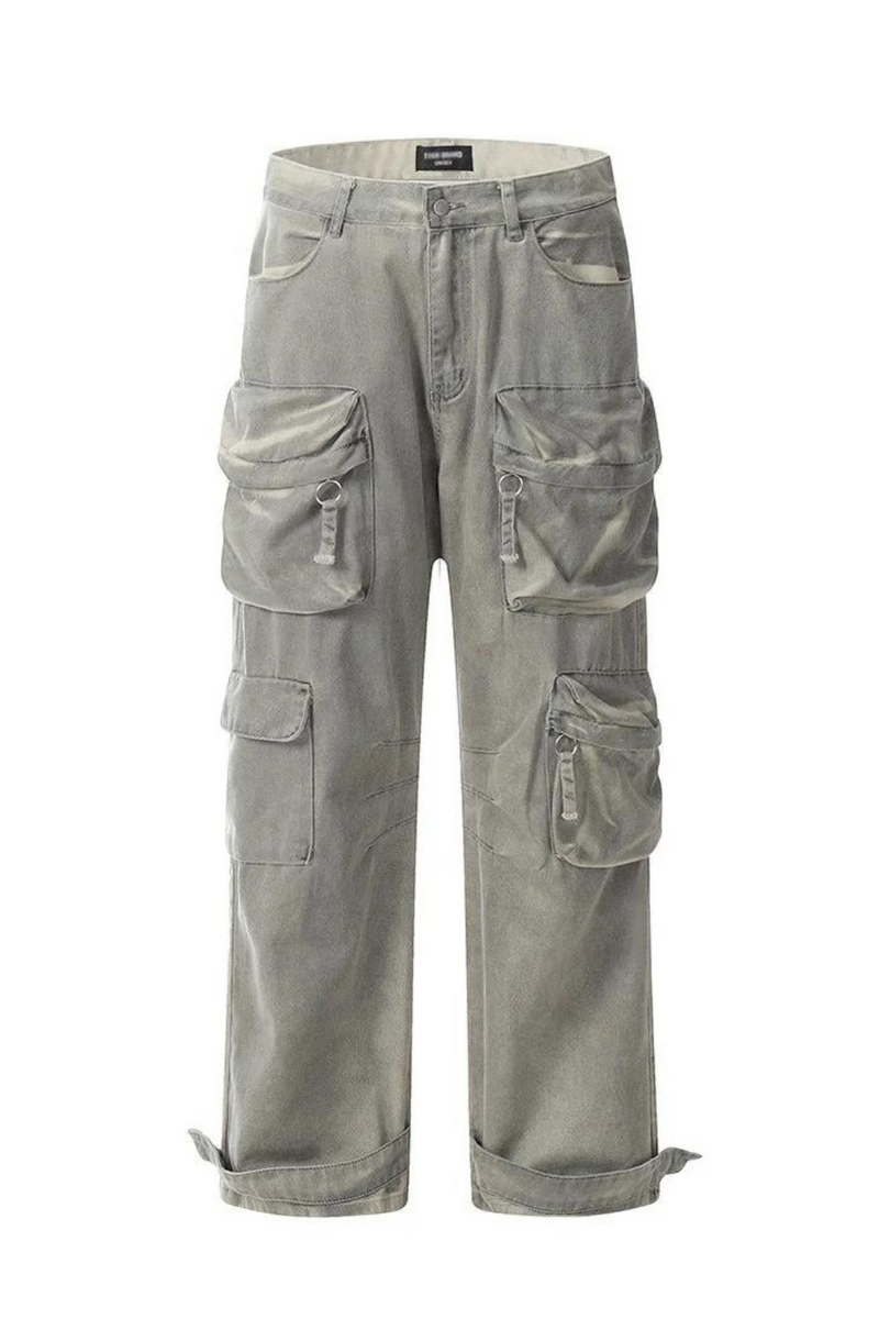 Distressed Straight-leg Cargo Pants Mens Loose Washed Safari Style Denim Pants Men Casual Jeans