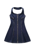 Women Denim Dress Solid Halter Front Zipper Straight Sleeveless Mini Dress Summer Dress