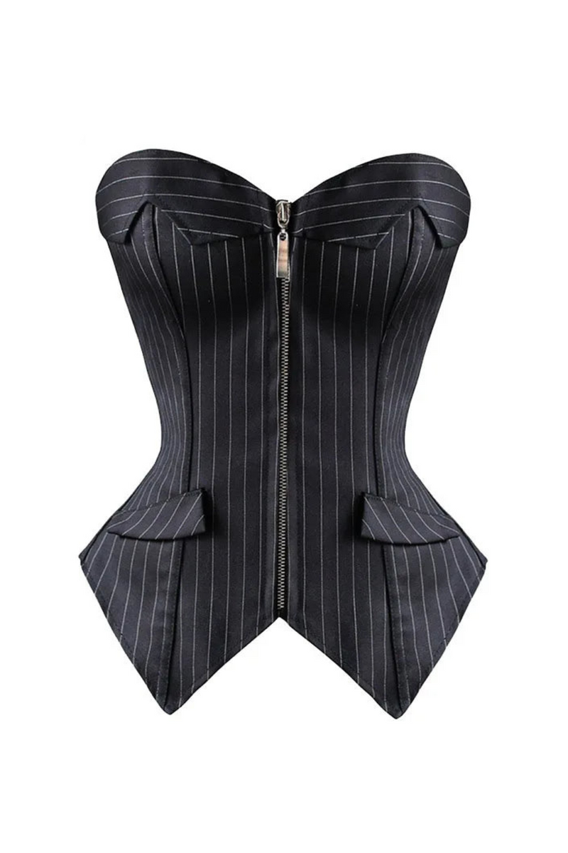 Black Striped Overbust Corset Office Lady Corset Bustier Strapless Tops