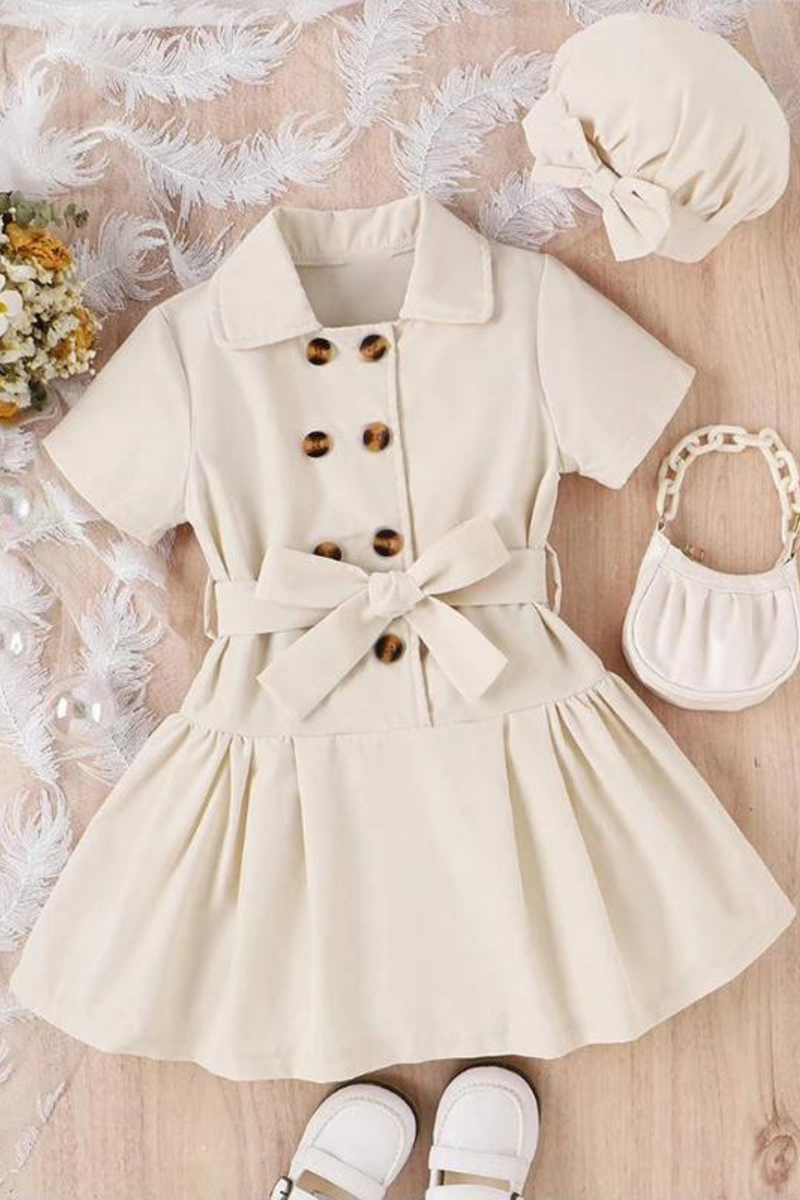 Toddler Kid Girl Dress Casual Button Belt Dresses For Girls Hat Summer Children Clothing