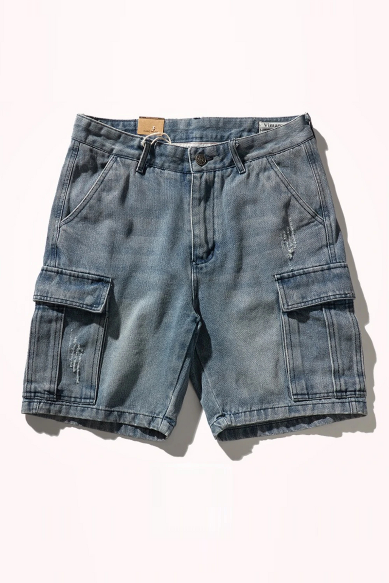 Shorts for denim men's tooling cat's whiskers straight pants retro