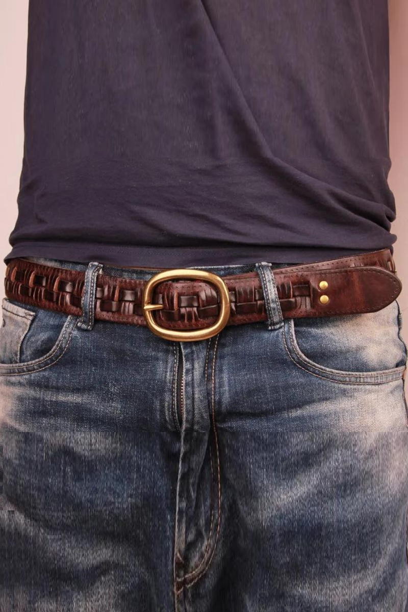 Handmade Leather Weave Copper Buckle Men's Belt Cowhide Retro Casual Jeans Soft Belt