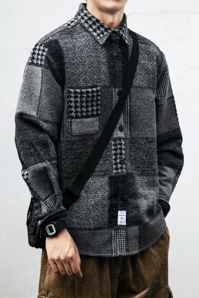 Autumn Winter Streetwear Retro Stitching Plaid Shirt Thick Casual Woollen Coat Men Clothes