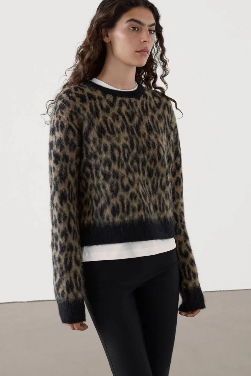 Women American leopard round neck sweater knit top for autumn and winter