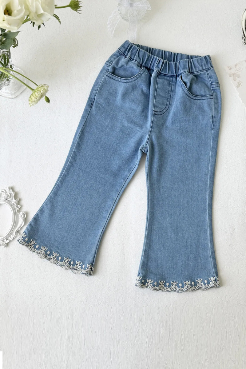 Kids Girl Jeans Floral Embroidery Spring Autumn Casual Trousers Children Denim Flare Elastic Pants