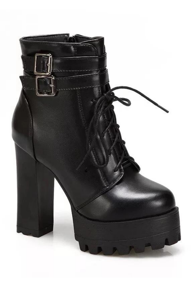 Lacing High Heel Boots Women Thick With Belt Buckle Ankle Boots Square Heels Bare Foot Shoes White