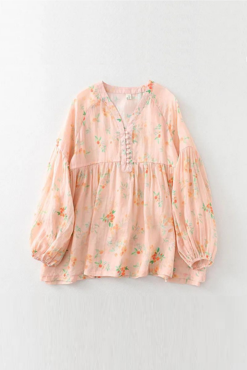 Summer Floral Blouse Women Literary Retro Raglan sleeve Cotton Linen Pink Shirts Female