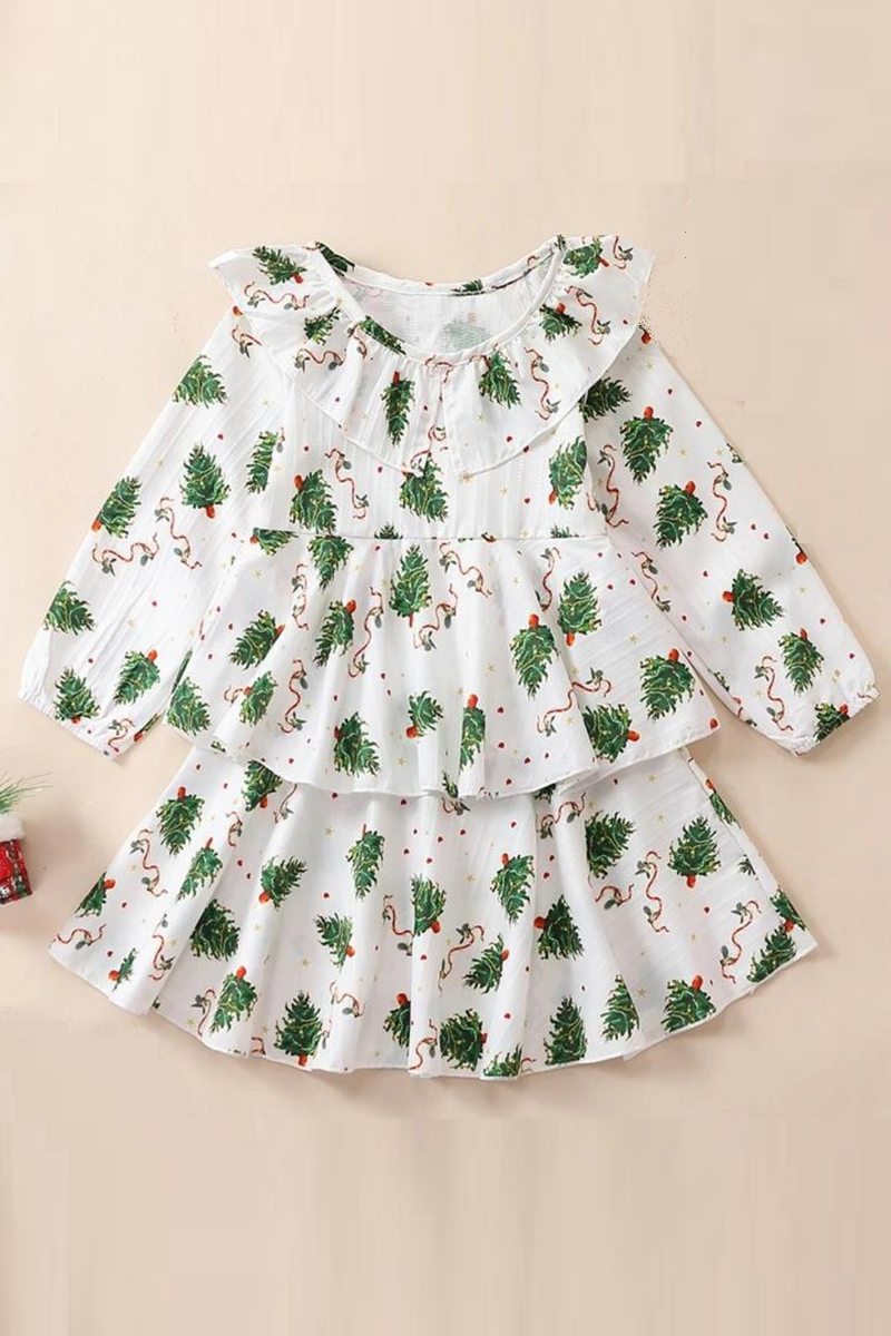 Autumn Christmas Kids Toddler Girls Long Sleeve Doll Collar Tree Print Princess Dress Clothes