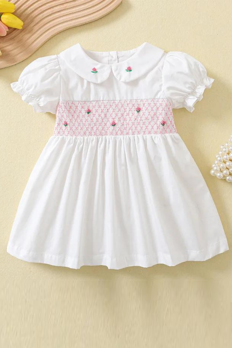 Baby Girls White Party Dresses With Flower Embroidery & Smocking Toddler Girl Cotton Dress Children Summer Clothing