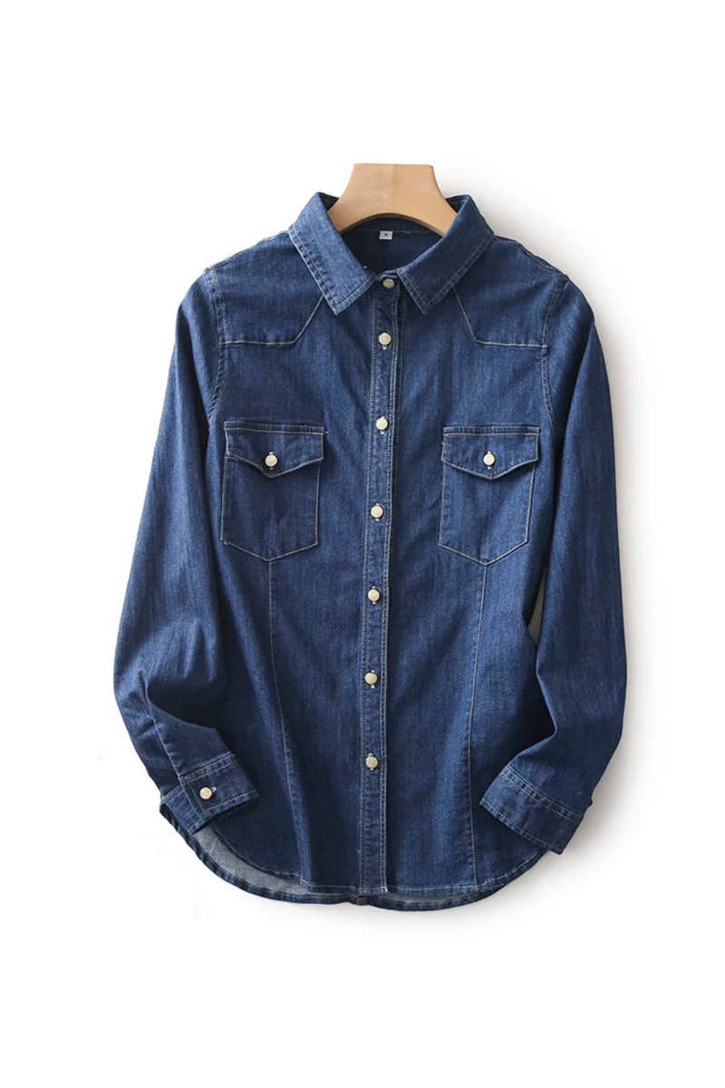 Denim Women Shirts Autumn Turn-Down Collar Pocket Solid Casual All Match Female Outwear Tops