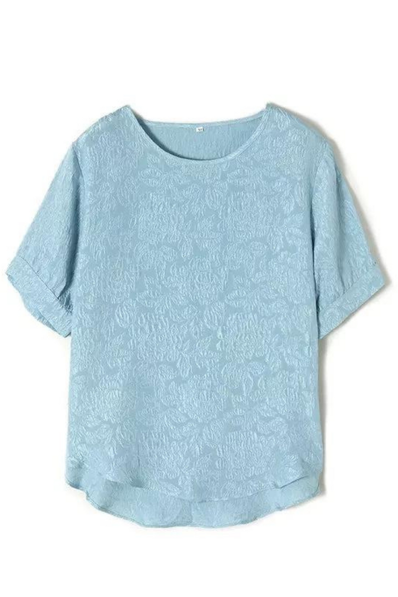 Woman Floral Jacquard Blouses Real Silk O Neck Short Sleeves T Shirts Summer Top Blue