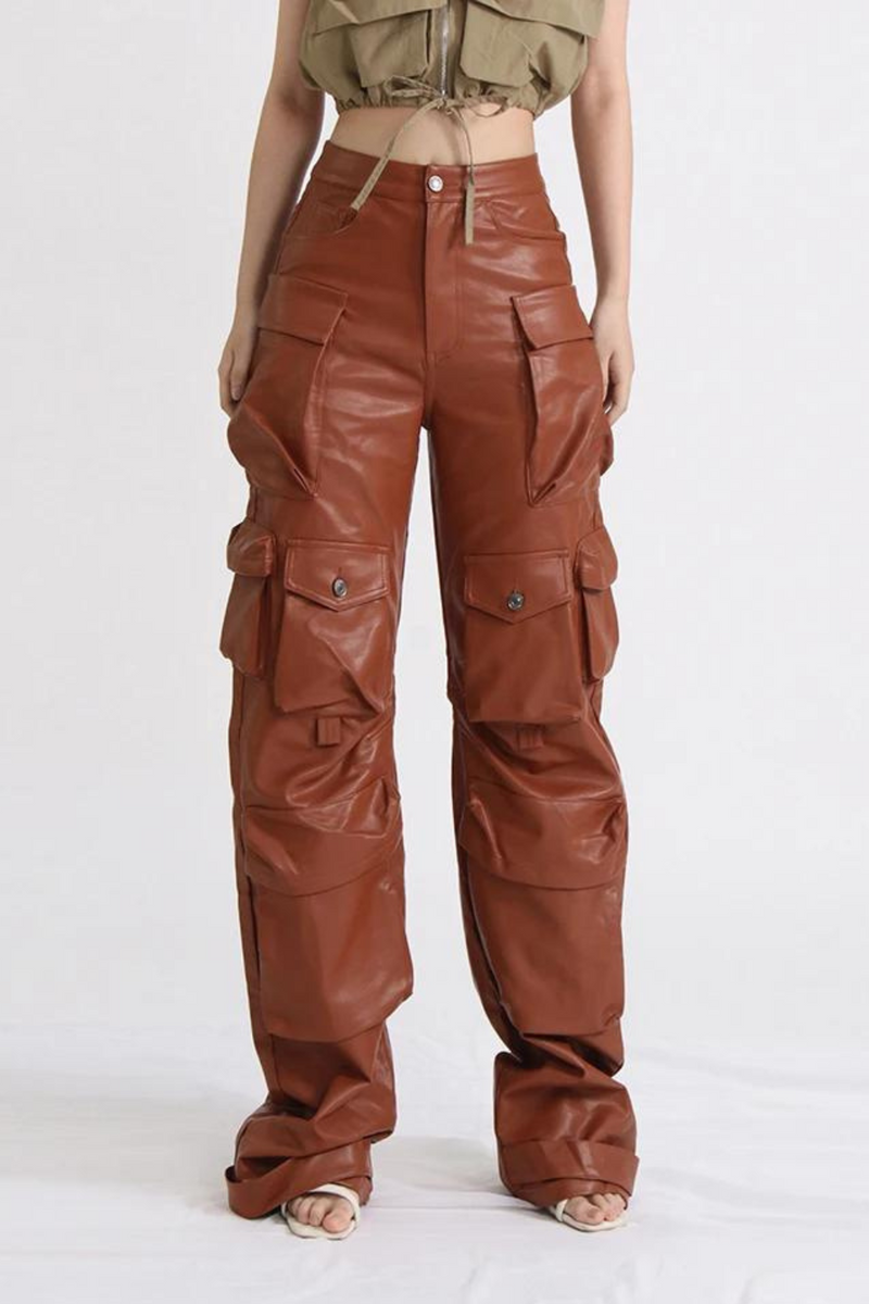 Solid Cargo Pants For Women High Waist Patchwork Pockets Casual Leather Trousers Female Autumn Clothing