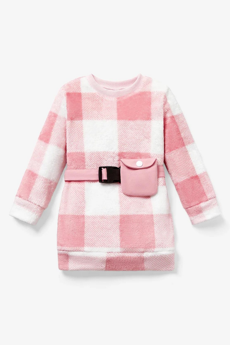 Toddler Girl Sweet Waist Bag Grid Pattern Long Sleeve Dress Set Casual/Outdoor Sweet