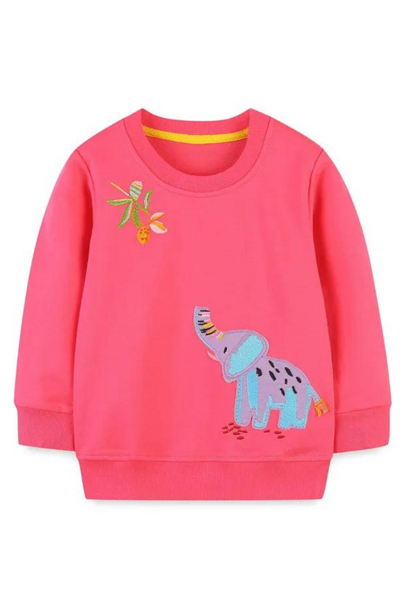 Spring Girls Sweatshirts With Elephant Embroidery Baby Clothes Long Sleeve Hooded Sport Shirts