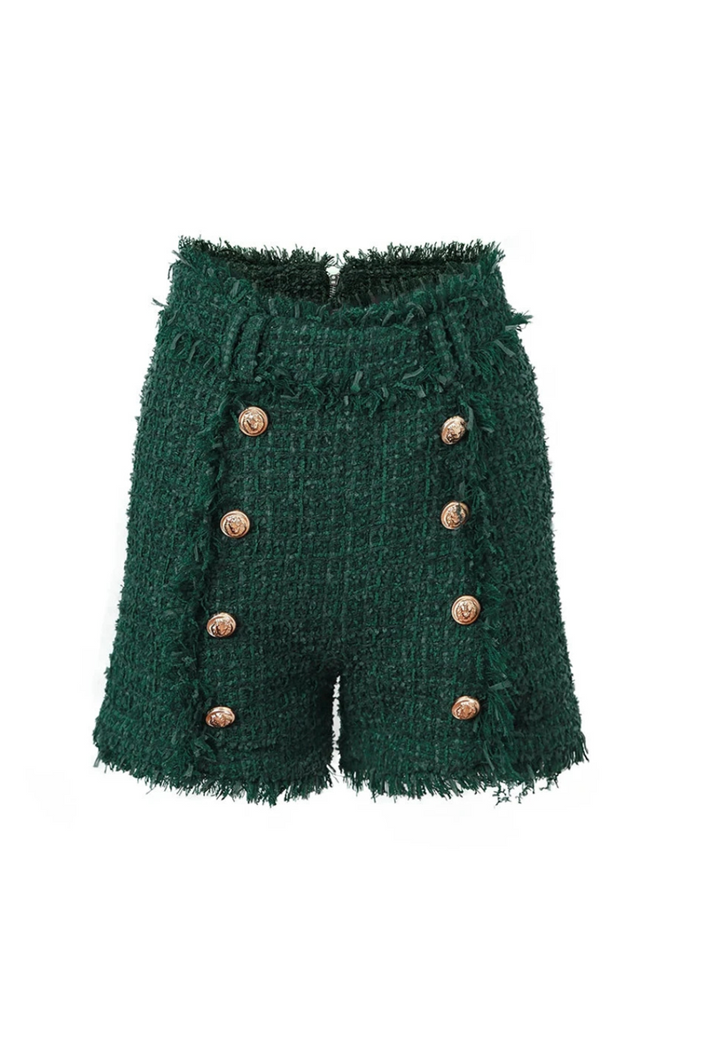 Winter Luxury Woven Fabric Warm Design Women Tweed Casual Green Shorts Female