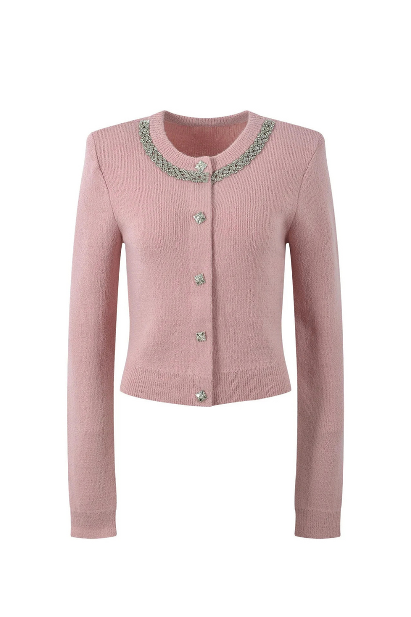 Autumn Winter Beading Cardigan Sweaters Women Knitting Tops Knitwear Pink